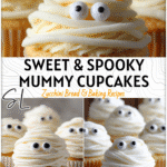 Close-up of white mummy cupcakes with frosting bandages and candy eyes for Halloween Birthday Treats.